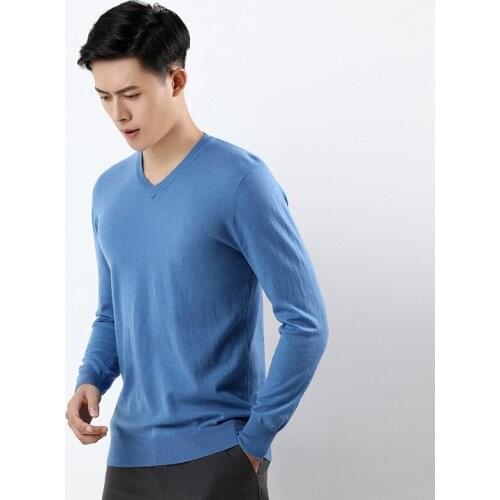 100% pure wool sweater mens casual business pullover sweater pure color knitted long-sleeved cashmere coat sweater New V-neck