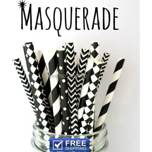 200pcs Mixed 4 Designs Masquerade Black and White Paper Straws, Striped, Swiss Dot, Chevron, Diamond, Halloween, Graduation