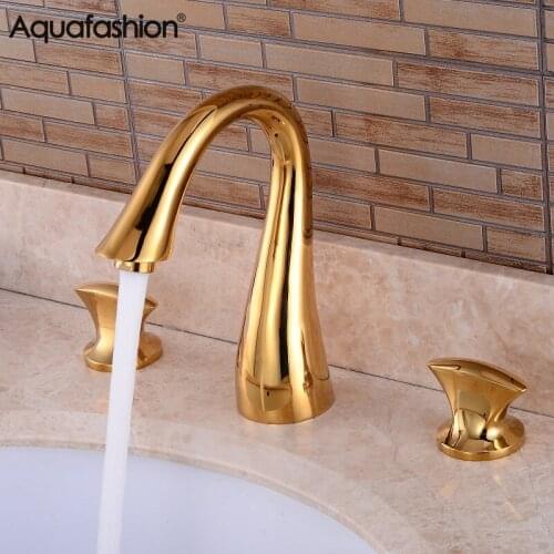 Free Shipping Gold Bathroom Faucet Brass Hot and Cold Water Deck Mounted Basin Mixer Tap Contemporary Bathroom Sink Faucet