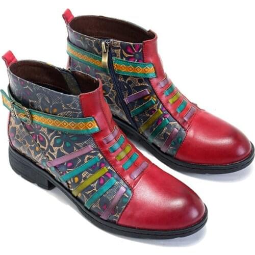 Retro Genuine Leather Ankle Boots Women Shoes Vintage Bohemian Spring Autumn Zip Printed Stripe Shoes Woman Botas Mujer