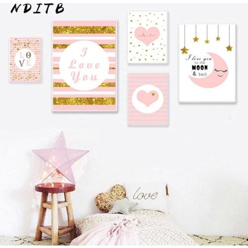 Baby Nursery Wall Art Canvas Poster Simple Print Pink Heart Moon Painting Nordic Kid Decoration Picture Girls Bedroom Decor