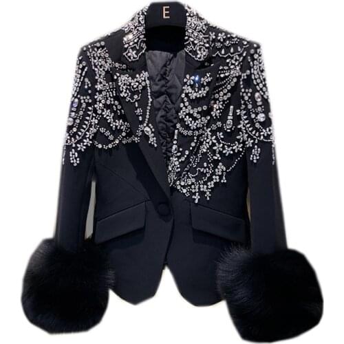 European style handmade beaded black Blazer stitching big fox fur sleeve real fur coat women