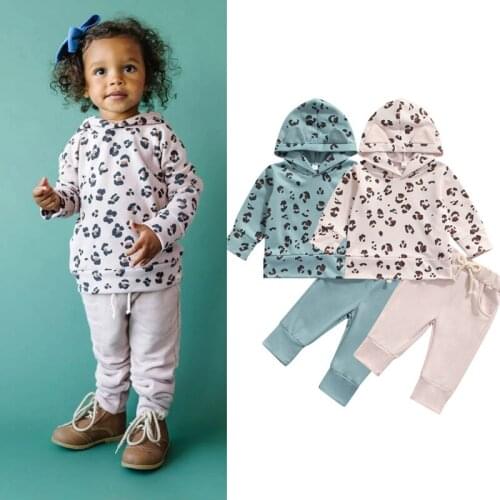 FOCUSNORM Lovely Baby Girls Boys Autumn Clothes Sets 2pcs Leopard Printed Ear Hooded Pullover Tops Pants 0-3Y