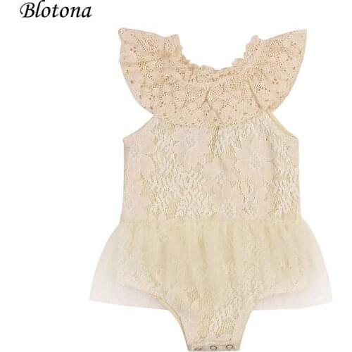 Blotona Summer Baby Floral Embroidery Lace Romper, Sleeveless Off-shoulder Hollow Out O-Neck Ruffles Short Jumpsuit, 0-24Months