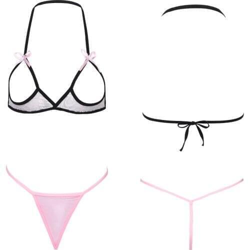 Women Sexy Lingerie Set Lace See-through Underwear Bikini Set Open Bra Nipples Open Cup Halter Neck Bra Top with G-string Briefs
