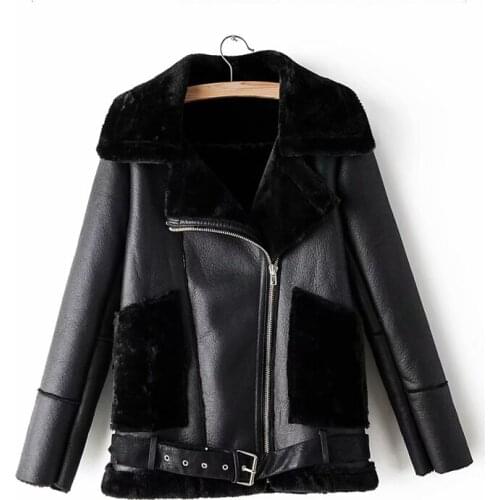 Nice Vogue women black PU leather-clad Fad cool new lady faux lamb wool fur jacket streetwear female sashes suits moto girls