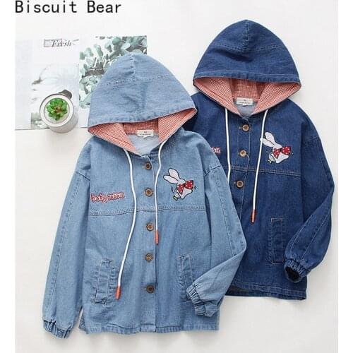 2021 New Teens Girl Denim Jacket Women Cartoon Bunny Rabbit Embroidery Zipper Jean Harajuku Kawaii Cute Casual Thin Hooded Coat