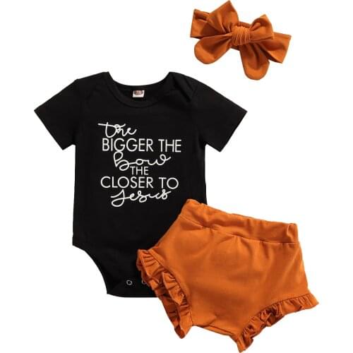 Citgeett Summer Infant Baby Girls Outfit Letter Printing Short Sleeve Romper + Lace Shorts + Bow Headwear Clothes Set
