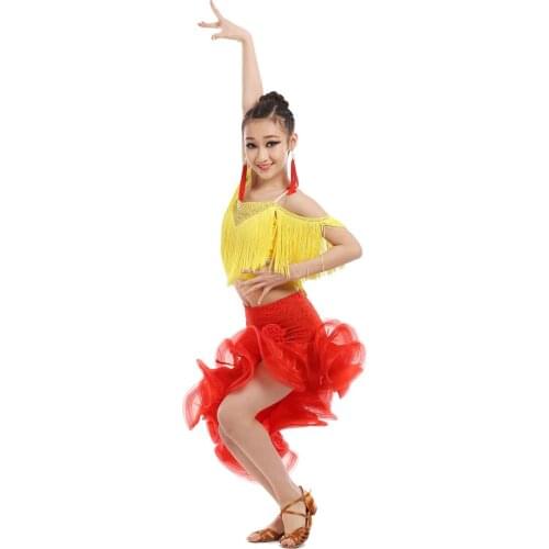 2018 New Spandex Adult Child Latin Dance Costumes Tassel Sleeveless Top+skirt 2pcs Girls Latin Dance Set for Girls Latin Dance