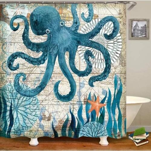 Octopus Blue Map Shower Curtain Navigation Under The Sea Life