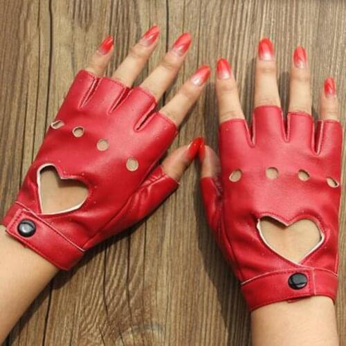 1Pair Women Fashion PU Leather Black Half Finger Gloves Cool Heart Hollow Fingerless Gloves Boy Gloves For Fitness