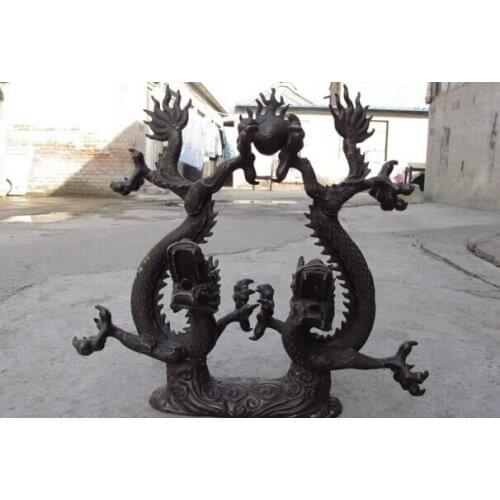 Song voge gem S0855 Chinese Folk Classic Bronze Copper Feng Shui Two Dragon Play Bead Ball Statue
