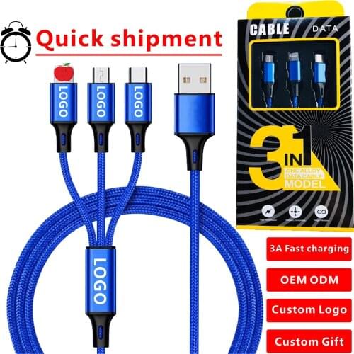 Custom LOGO USB Cable For iPhone XR Charging Charger 3in1 Micro USB Cable For Android USB TypeC Mobile Phone Cables For Samsung