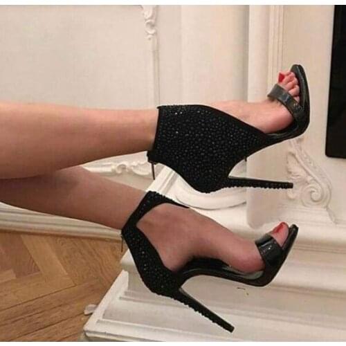 Drop Shipping Brand Women Sexy Black Color Rhinestone Glitter Bling Bling Zip Back Stiletto Heel Party Dress Sandals Pumps Shoes