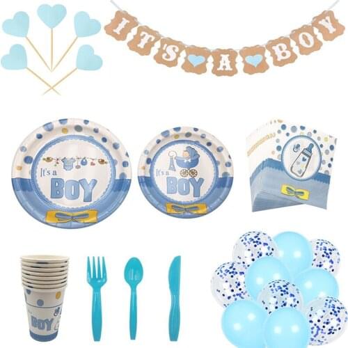 Baby Shower Blue Party Set Plates Cups Tablecloth Disposable Party Tableware Baby Boy Birthday Party Supplies Decorative
