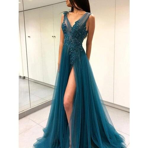 Navy Blue Lace Tulle Tutu Prom Dress Sexy High Slit Open Back V Neck Sleeveless Beaded Appliques Long Evening Party Gown