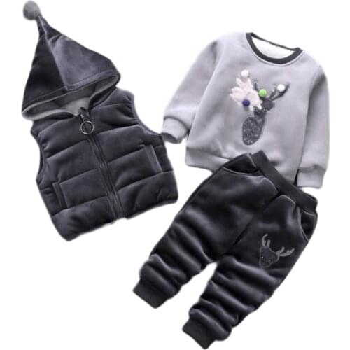 2021 New Baby Boys Girls Christmas Cartoon Winter Hooded Warm Vest Coat+Sweatshirt+Pants 3Pcs Infant Children Sports Suit 0-4Y