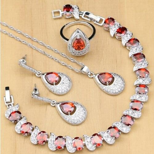 925 Sterling Silver Bridal Jewelry Set Red Cubic Zirconia Stone Beads For Decoration For Women Wedding Earrings Necklace Set