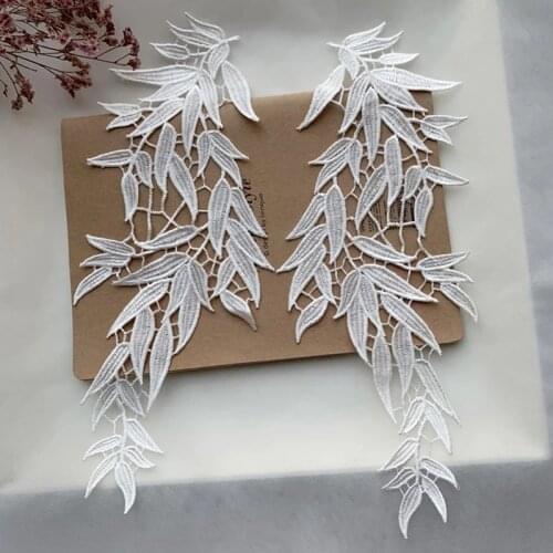 2pcs Chic High Quality Embroidery Lace Fabric White Lace Applique Leaf Patch Collar Trim Patches Wedding Sewing dentelle F35