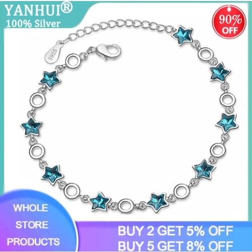 YANHUI 100% Original 925 Sterling Silver Blue Crystal Stars Chain Bracelet Sweet Pentagram Charms Bracelet For Women SL090