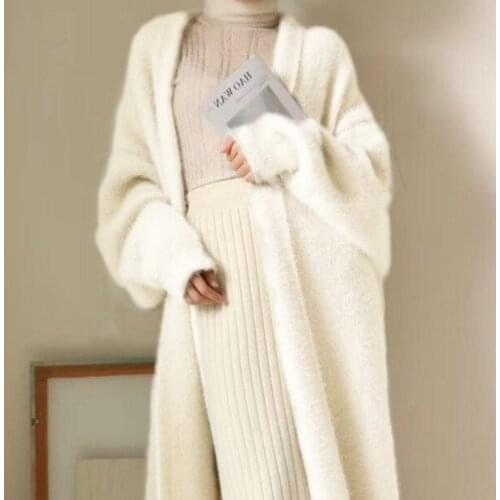 Winter Clothes Women Faux Mink Cashmere Cardigan Loose Pull Femme Bat Sleeve Long Coat Thickness Warm Knitted Sweater Outwear