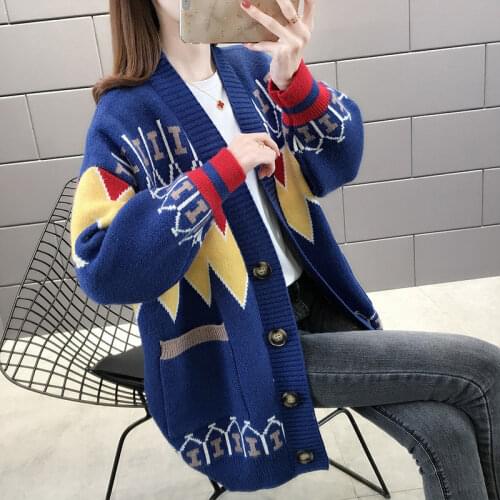 Ladies sweater knitted cardigan autumn and winter 2021 new womens western style leisure all-match v-neck long-sleeved top