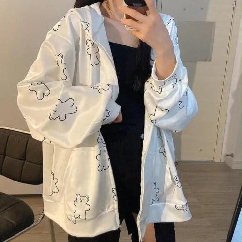 Women Hooded Coat Loose 2021 Autumn New Harajuku Little Bear Cartoon Print Outerwear winter Cute Girl Student Oversized Jacket