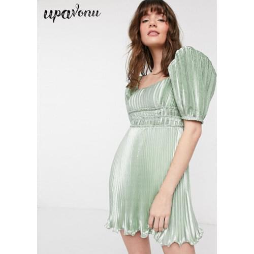 2020 New Womens A-line Dress Elegant Square Neck Puff Sleeve Halter Bowknot Dress Celebrity Club Party Dress Pleated Vestidos
