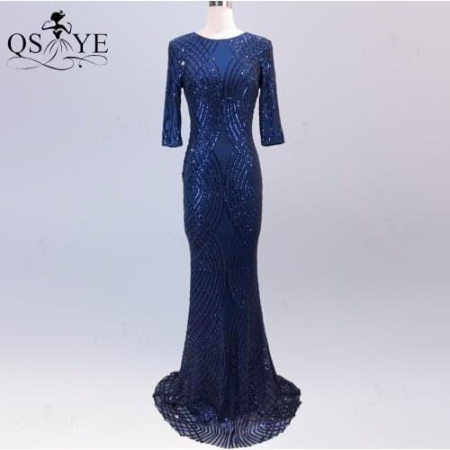 Navy Evening Dresses High Neck Long Sleeves Prom Gown Fish Tail Elegant Formal Dress Blue Fit Women Sequin Dress Vestido