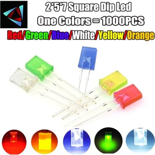 1000pcs 2X5X7 square LED 257 Red light-emitting diode White Yellow Red Green Blue electronic diy kit Diffused
