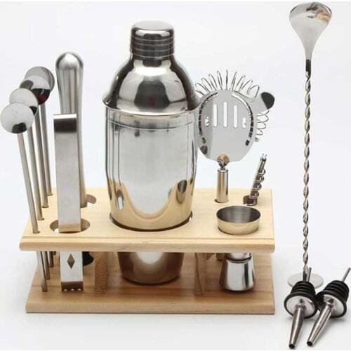 14PCS Shaker Bar Barware Drink Bartender Set Of Accessories Cocktail Tools With Storage Wooden Stand 750ML Stainless Steel