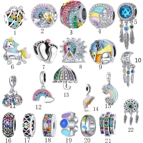 5PCS Trendy Enamel Heart Unicorn Rainbow Charms Crystal Dreamcatcher Umbrella Beads Fit DIY European Bracelet Women Men Jewelry