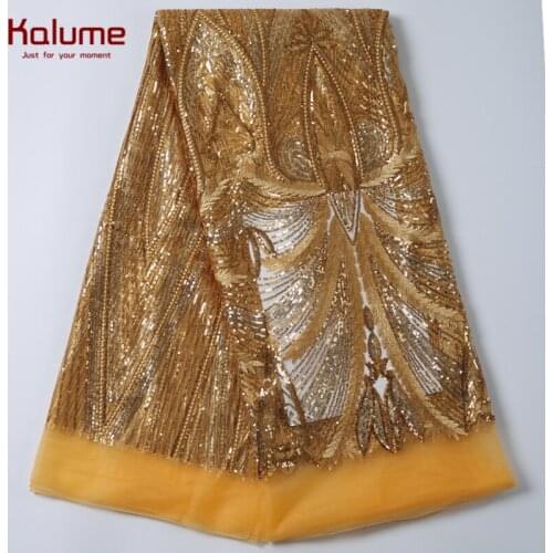 Kalume Embroidery African Lace Fabric With Sequins Yellow French Mesh Lace Fabric 5 Yards Nigerian Tulle Laces For Party 2188