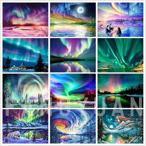 Full Drill Aurora Landscape Diamond Painting Lake Night Scenery Diamond Embroidery Cross Stitch Kit Home Decoration Wall Art