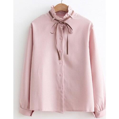 Autumn Winter 2019 New Long Sleeve Blouses Lotus Leaf Collar Bow Shirt Fashion Womens Solid Color Vintage Blouse Women Tops T63