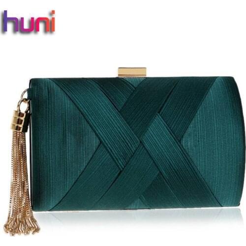 Hot Sell HUNI Women Silk Lady Wedding Handbag Gold/Sliver Clutch Tassel Purse Banquet Bag Party Evening Bags High End Dinner Bag