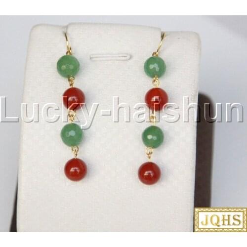 JQHS natural 2.5" 8mm Dangle green jade red agate Beaded Earrings 14KT gold hook j11881 women