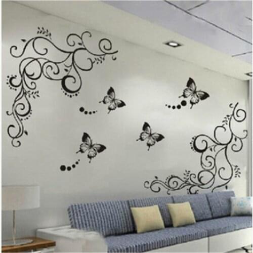 Classic black butterfly flower vine wall stickers home decor living room TV sofa background diy adesivo de parede pvc decals art