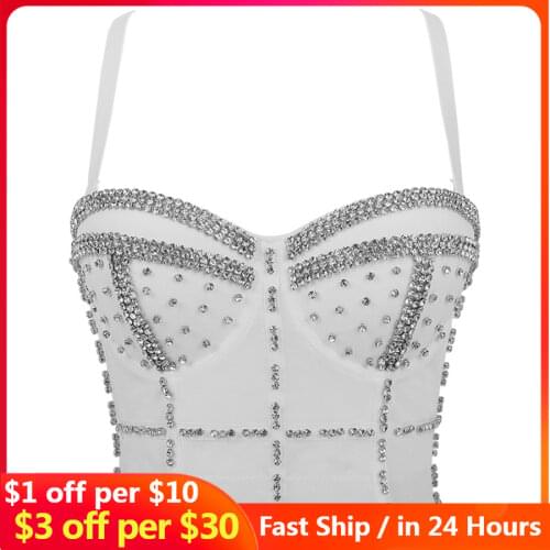 Summer Rhinestone Beads Shine Nightclub Sexy Top Women Crop Top To Wear Out Bra Push Up Bustier Corset Tops Female Mujer Clothes