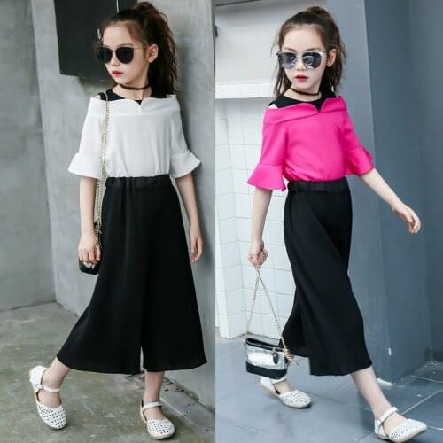 Hot Selling Kids Girls Tops with Pants Off Shoulder Breathable Loose Clothing Set for Summer