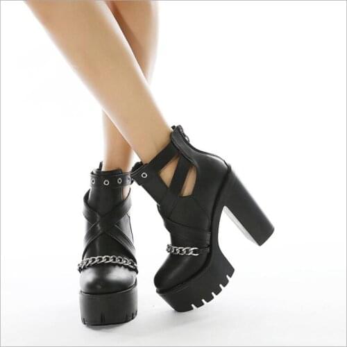 Fashion Genuine Leather Black Boots Women Heel Sexy Chain Chunky Heel Platform Shoes Female Short boots Style Ankle Boots Large