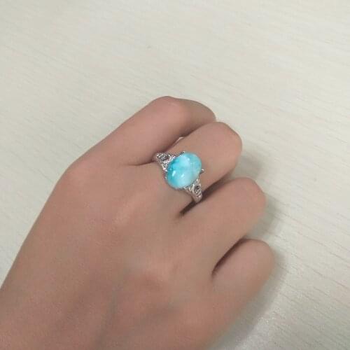Fashion Girls Rings with Blue Larimar Gems Crystal, Fine Jewelry 925 Sterling Silver Woman Real Larimar Gemstone Ring for Party