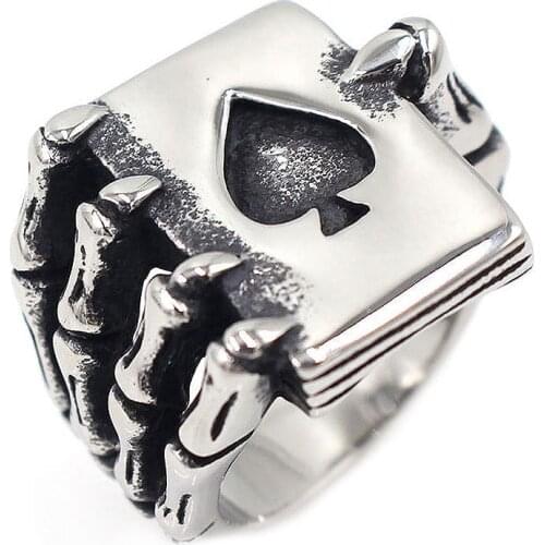 AsJerlya Spades Card Poker Skeleton Hand Claw Biker Ring Vintage Punk Mens Ring Skull Claw Ring For Unisex Rings