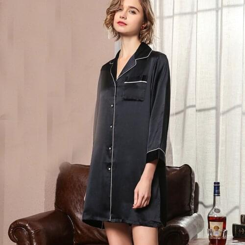19mm Luruxy heavy silk Shirt nightdress Black Color 100% Pure Mulberry silk Sleepwear collar Nightgown Silk nighty for women
