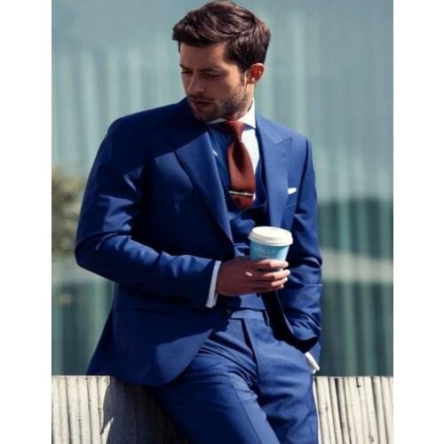 New Arrival Groom Tuxedos Blue Groomsmen Peak Lapel Wedding/Dinner Suits Best Man Bridegroom (Jacket+Pants+Tie+Vest) B593