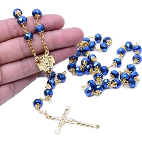 Blue Glass Crystal Rosary Beads Necklace Jesus Cross Pendant Necklace for Women Religious Catholic Prayer Blessing Jewelry Gifts