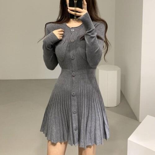 Korean Casual Single Breasted Knitting Mini Dress Women Autumn Winter Buttons Knitted Sweater Dress Pleated Robe Femme Vestidos