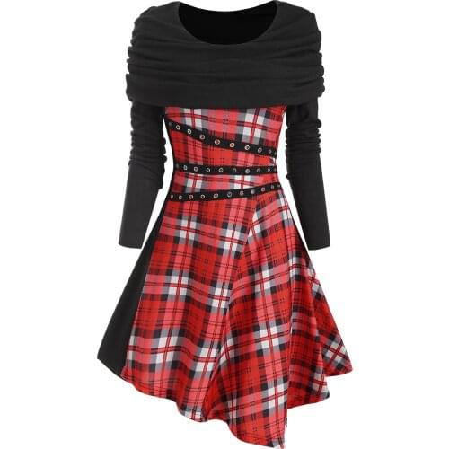 Wipalo Plus Size Plaid Grommet Foldover Asymmetrical Dress Gothic Casual Women Mini Dress Vestidos Spring Elegant Party Dresses