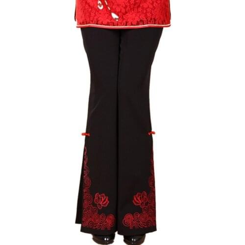 Shanghai Story Ladies Blend Woolen trousers Chinese Tradition Womens Hand-made Painting Flares Trousers Pants Black