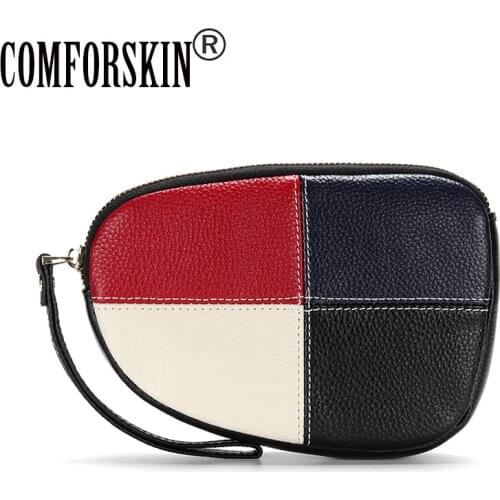 COMFORSKIN Cowhide Women Clutch Wallet Fashion Patchwork Hit Color Girl Zipper Purse With Hand Rope кошелек женский Droshipping